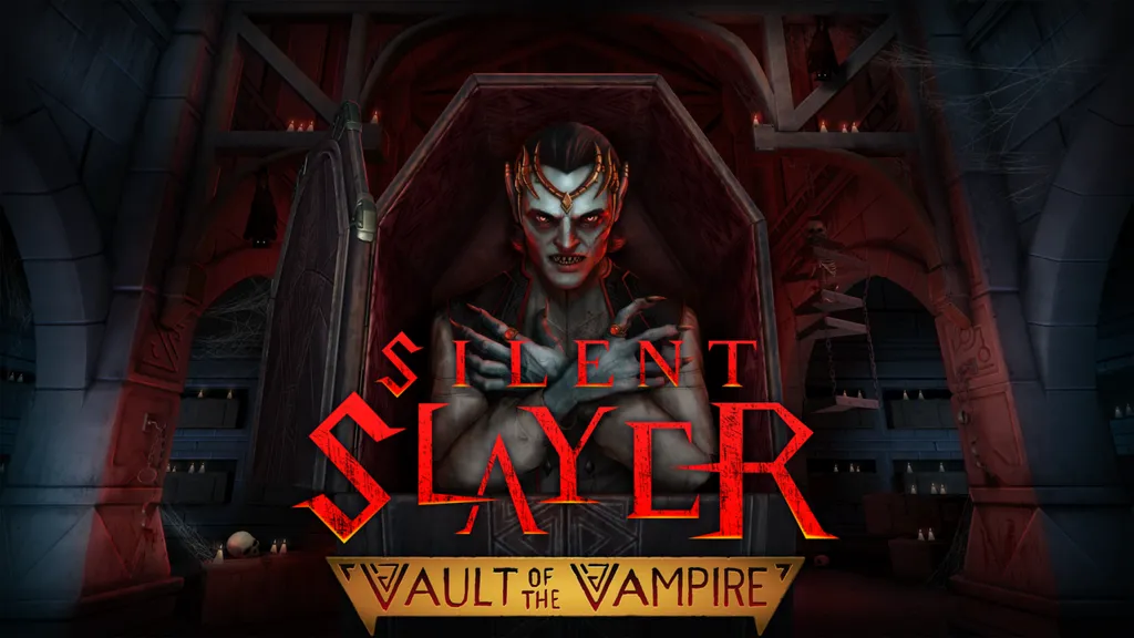 Silent Slayer: 恶战的吸血鬼溅起交错花纹速度。它展示了一个双臂交叉躺在棺材里的吸血鬼。