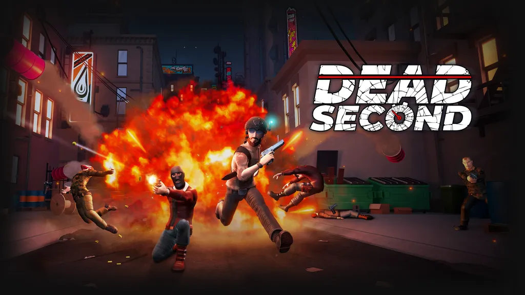 Dead Second 游戏宣传图，展示了 90 年代动作游戏风格的角色开枪射击和躲避爆炸。