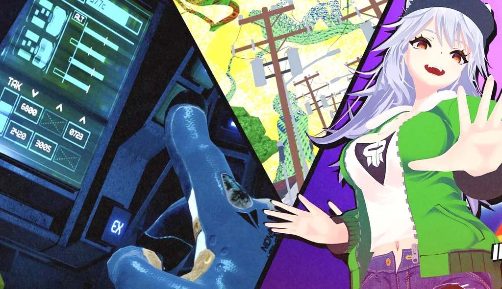 A glove pressing a button / colorful power lines and a yellow sky / a catgirl smiling at the viewer