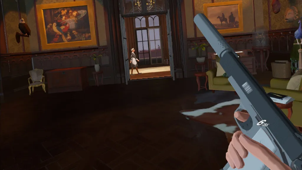 POV of player holding a silenced pistol in a room of a manor in Hitman 3 VR Reloaded