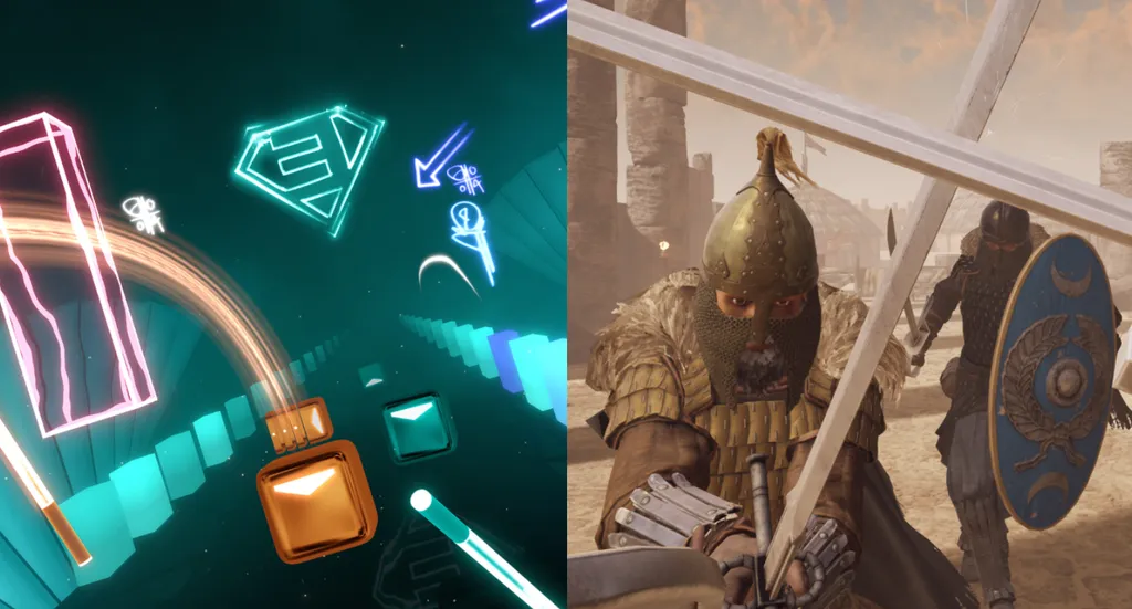 Image collage with two screenshots - Beat Saber on the left, Swordsman VR on the right