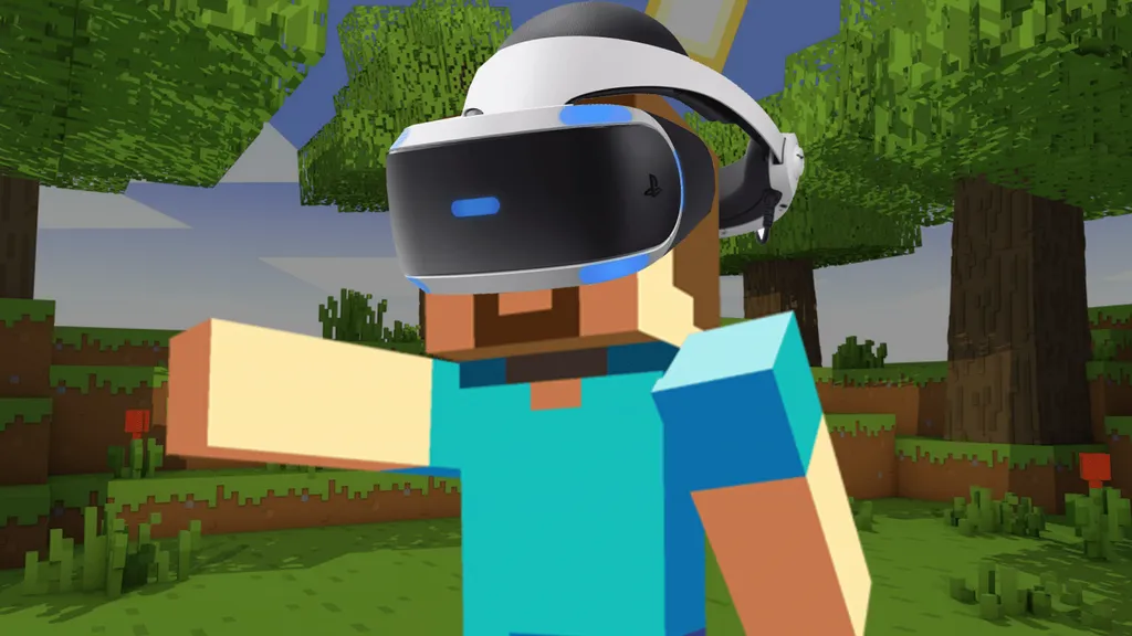 Minecraft 截图，史蒂夫头上被P上了 PlayStation VR 头显