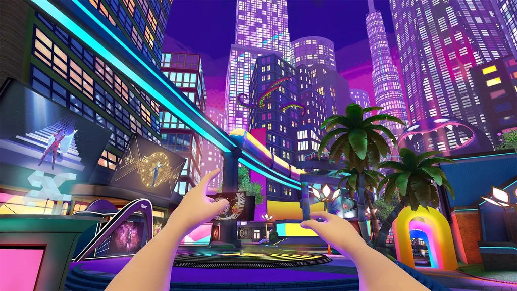 Just Dance VR screenshot shows two arms in front of a colorful, cartoonish city